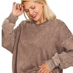 Brown Plus Size Acid Wash Oversized Fleece Pullover